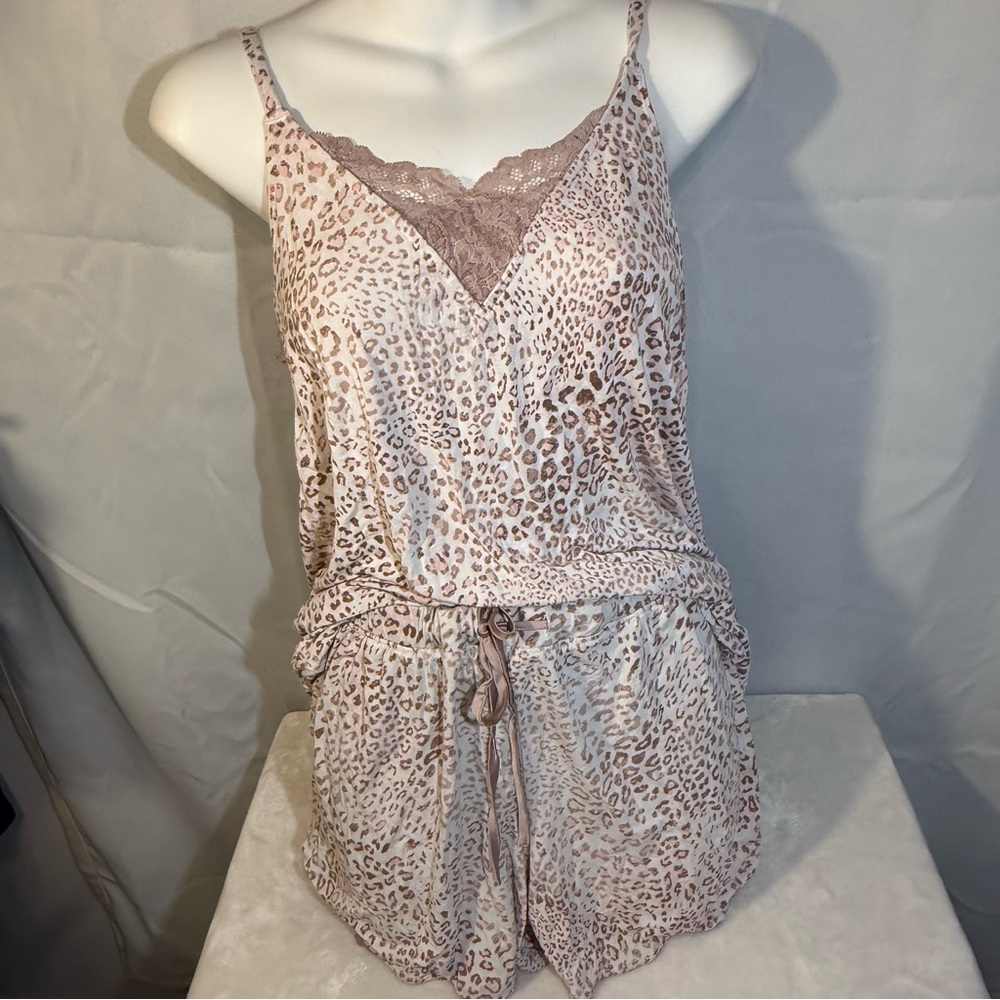 Soma Pink Leopard Lace-Trim Pajama Romper